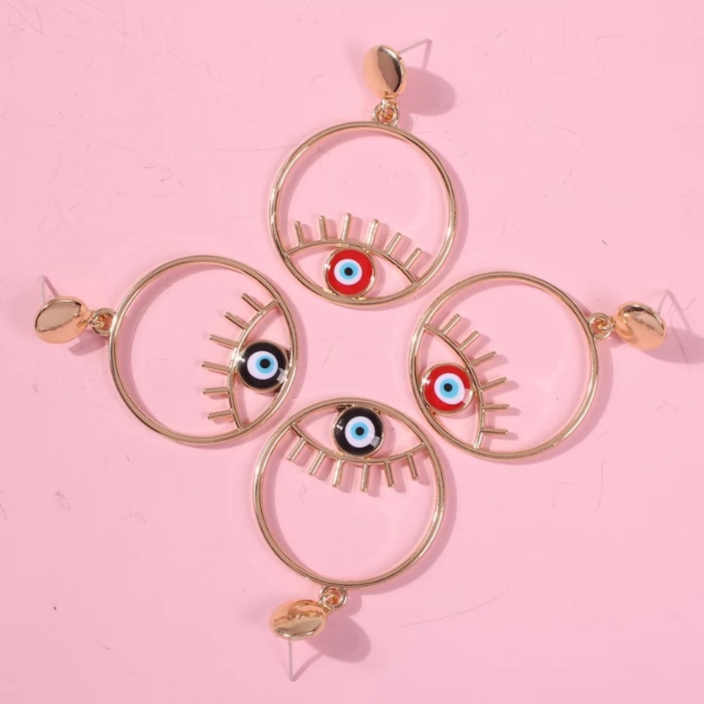 Gold hoop earrings evil eye earrings - Picture 5 of 7